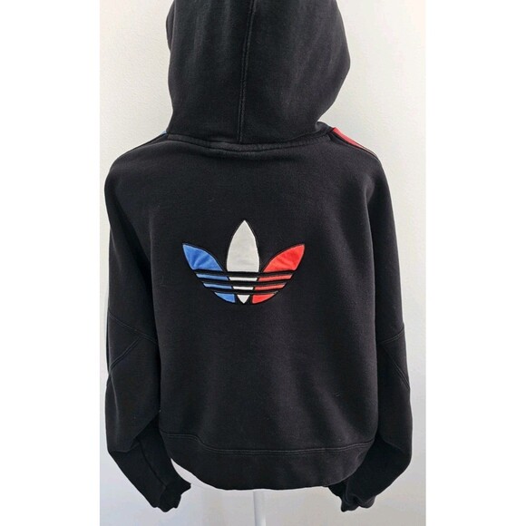 Womens Extra Large Adidas Adicolor Tricolor Trefoil Oversozed Crop Hoodie Black - Picture 5 of 12